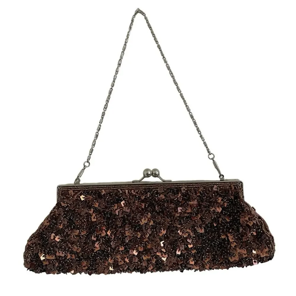 Vintage Brown Bronze Sequin Beaded Clutch Bag Brown Metallic Evening Purse
